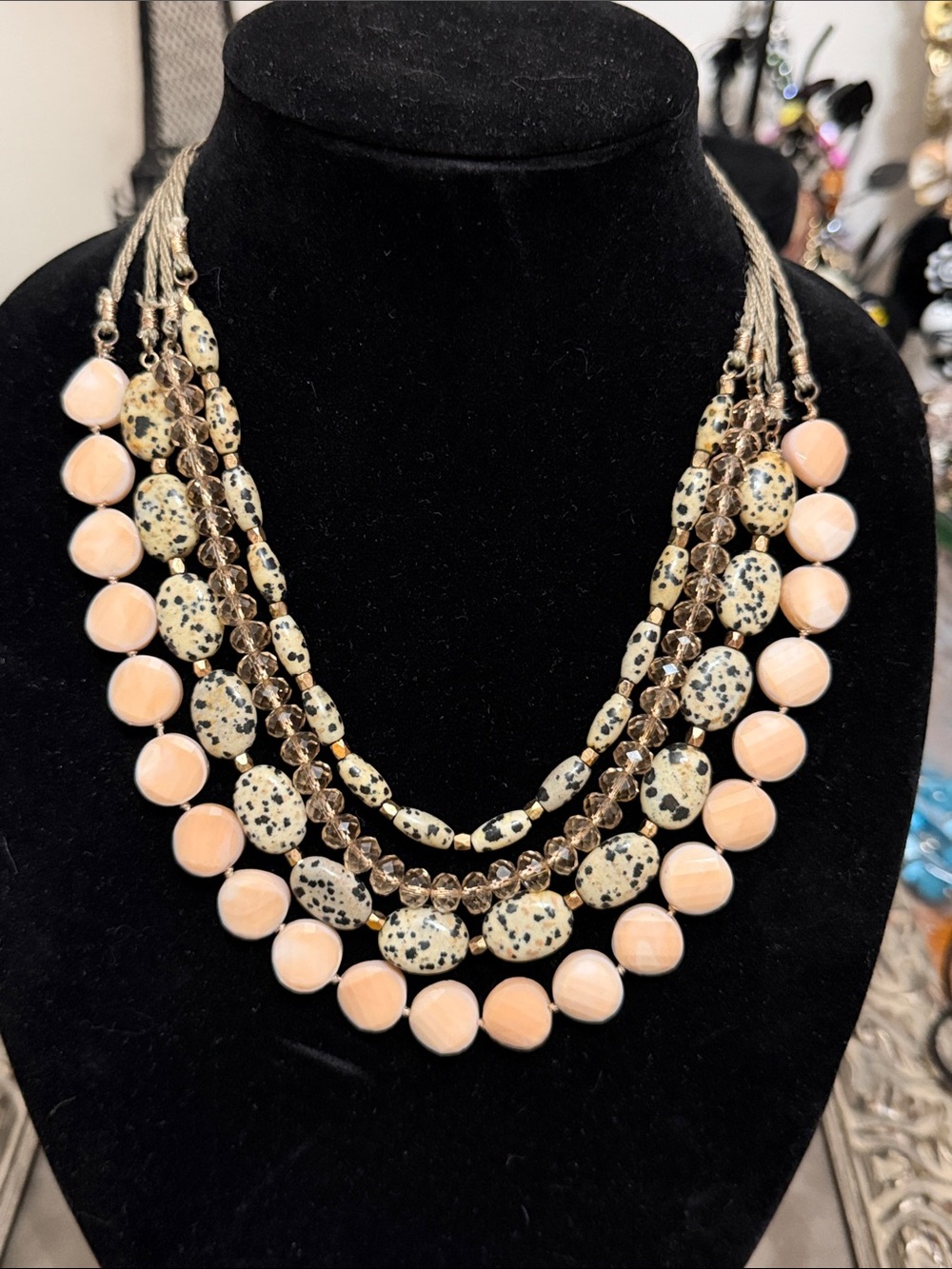 Vintage Four Strand Faceted Peach and Dalmatian Jasper Statement Necklace